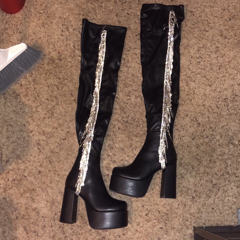 Power trip fringe thigh high boots